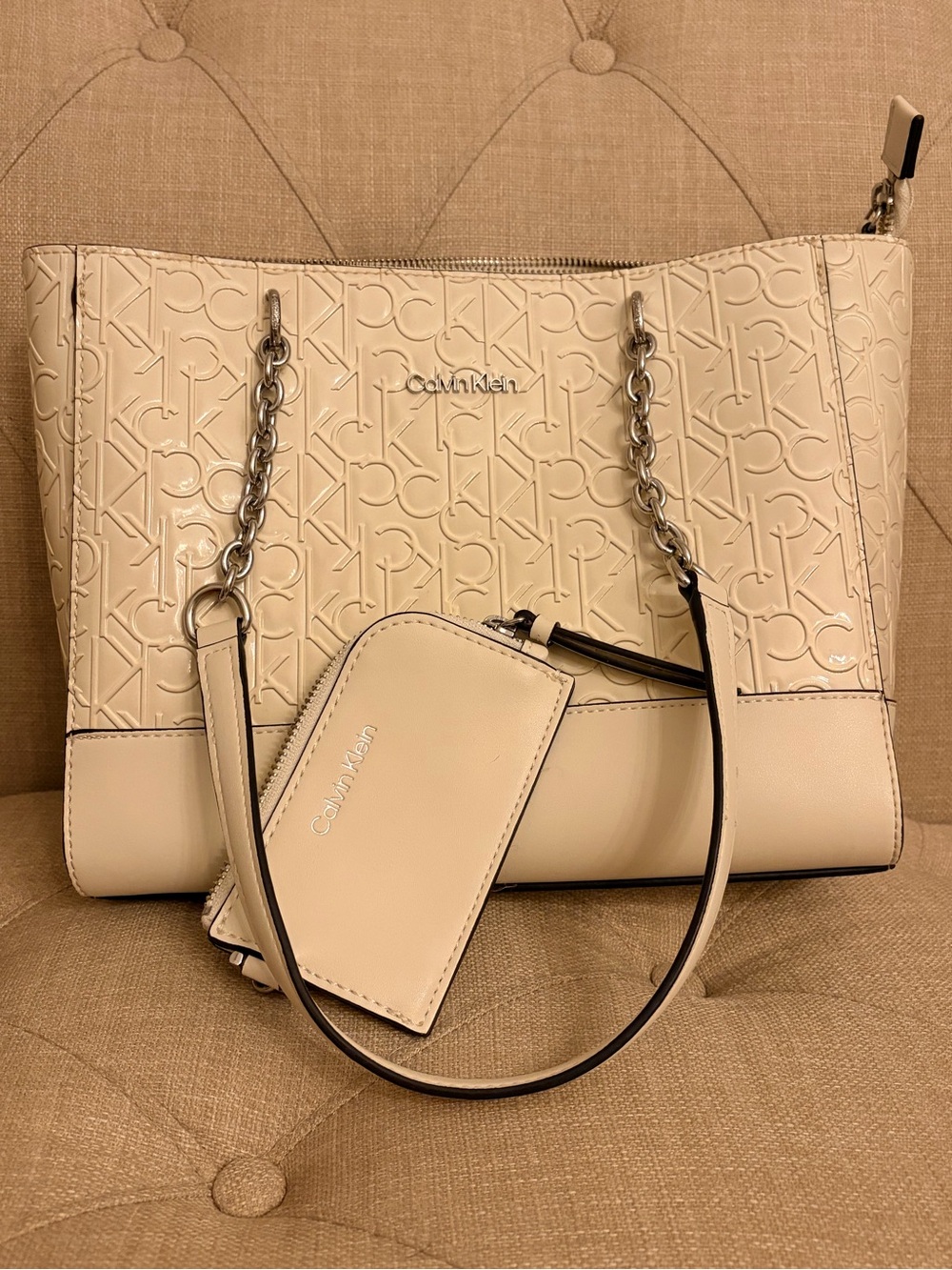 Calvin Klein Patent Monogram Cream Tote with Matching Pouch